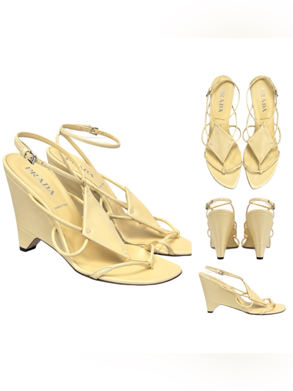 Vintage Y2K Prada Butter Yellow Leather Strappy Wedge Sandals Heels EU 38